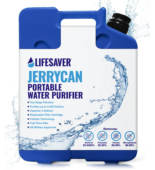 Lifesaver JerryCan Portable Water Purifier with blue and white design