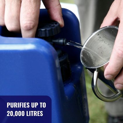 Load image into Gallery viewer, Person using a water filter system with a container of water, labeled 'Purifies up to 20,000 litres'.
