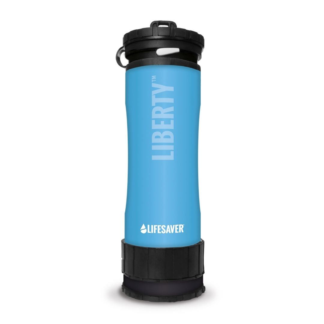 Blue Liberty bottle with black lid and 'Lifesaver' branding on a white background