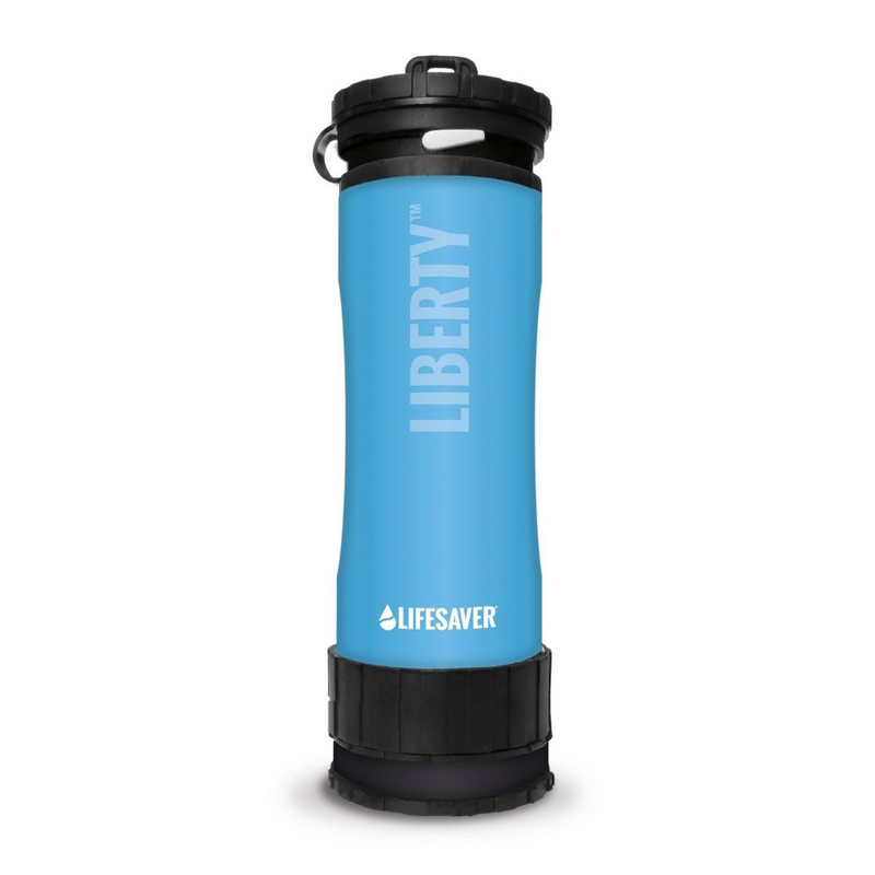 Load image into Gallery viewer, Blue Liberty bottle with black lid and 'Lifesaver' branding on a white background
