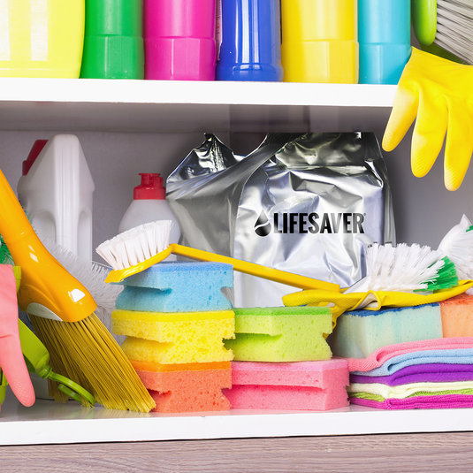 Cleaning supplies including sponges, brushes, and a foil-wrapped LifeSaver Cube on a shelf.
