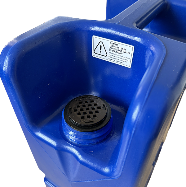 Blue plastic container with a black Gu filter and warning label on a white background