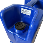 Blue plastic container with a black Gu filter and warning label on a white background