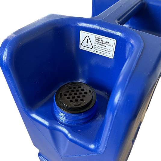 Blue plastic container with a black Gu filter and warning label on a white background