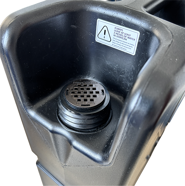 Black Jerrycan with black GU filter and warning label on a white background