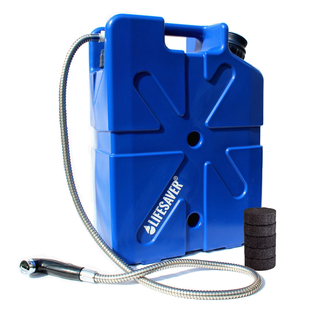 Blue water filter system with hose and cartridges on a white background