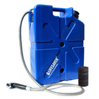 Blue water filter system with hose and cartridges on a white background