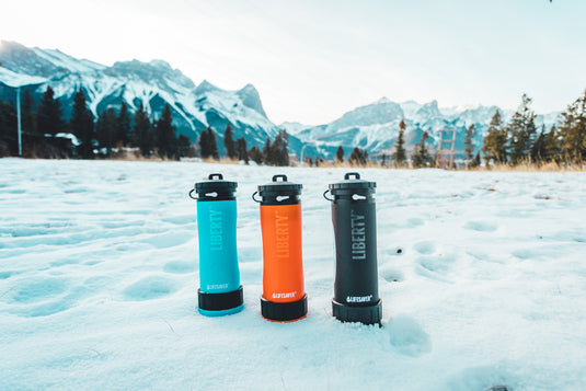 Three Liberty bottles on a snowy landscape with mountains in the background