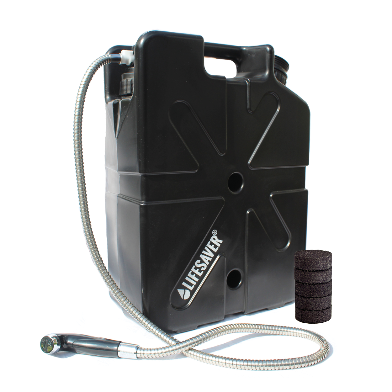 Black Jerrycan with hose and filter on a white background