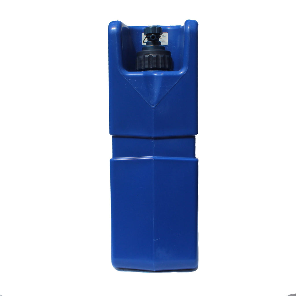 Blue plastic container with a black valve on a white background