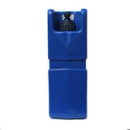 Blue plastic container with a black valve on a white background