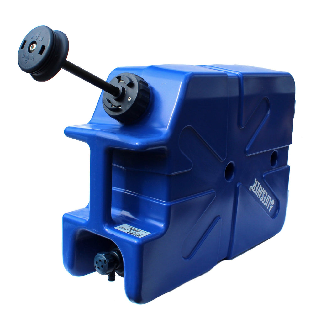 Blue Jerrycan with a black pump handle on a white background