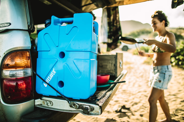 LifeSaver Jerrycan on the tailgate of an overlander 4x4