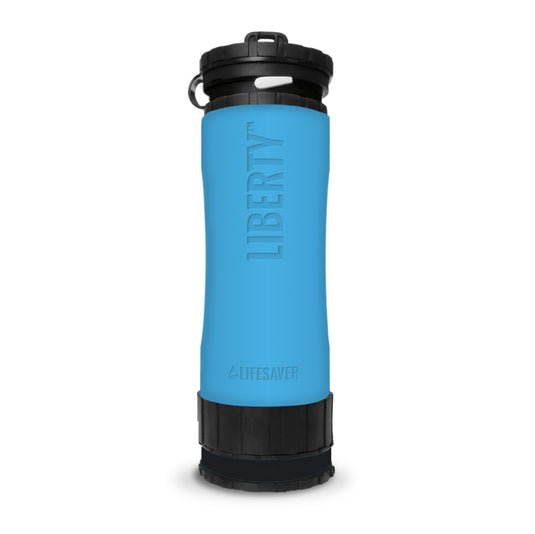 Blue water bottle with black lid and 'Lifesaver' branding on a white background