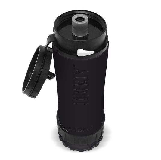 Black water bottle with cap on a white background