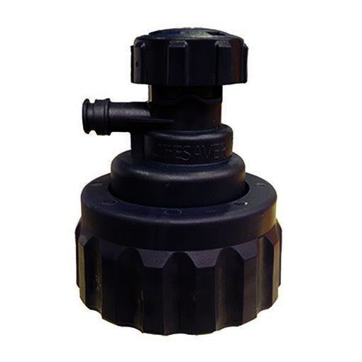 Black Jerrycan Tap with 'Lifesaver' branding on a white background