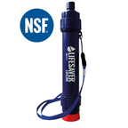 Blue water filter with 'Lifesaver' branding and NSF logo on a white background