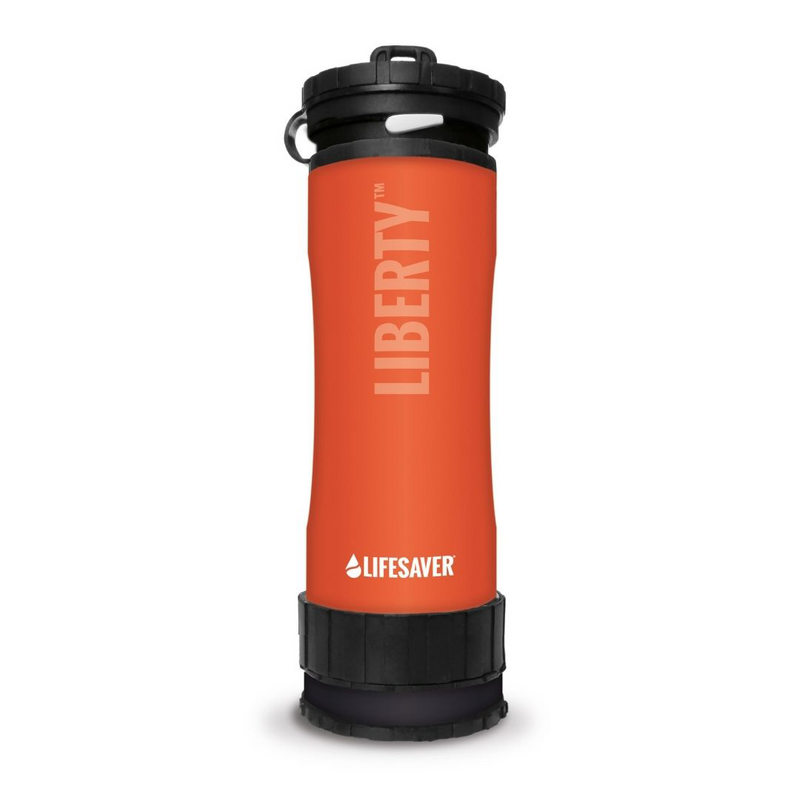 Load image into Gallery viewer, Orange Liberty bottle with black lid and 'Lifesaver' branding on a white background

