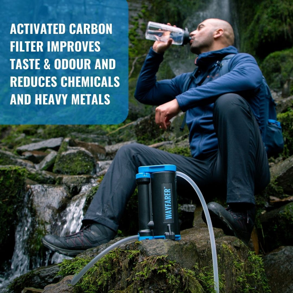 Hiker drinking water purified using a LifeSaver Wayfarer
